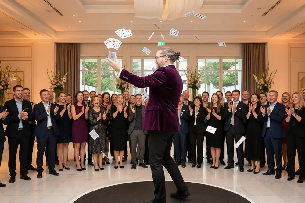 Zauberer verbindet Tischzauberei mit gemeinsamer Show für alle Gäste