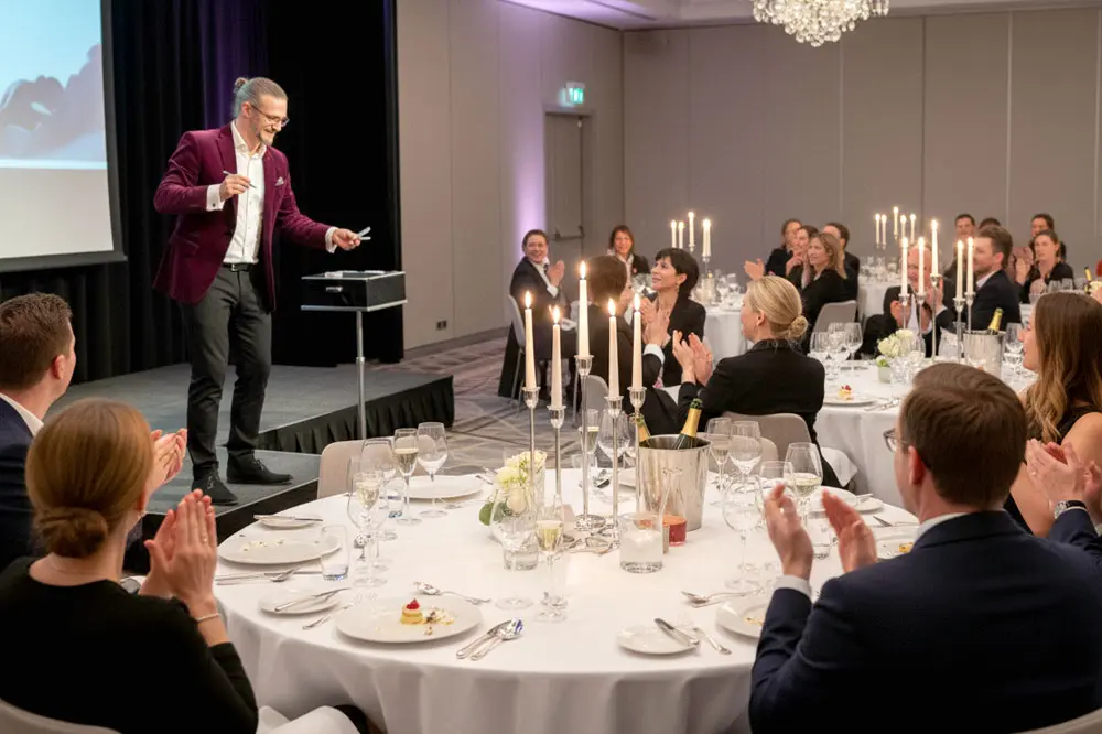 Zauberkünstler bei einer Stand-up-Zaubershow vor Publikum